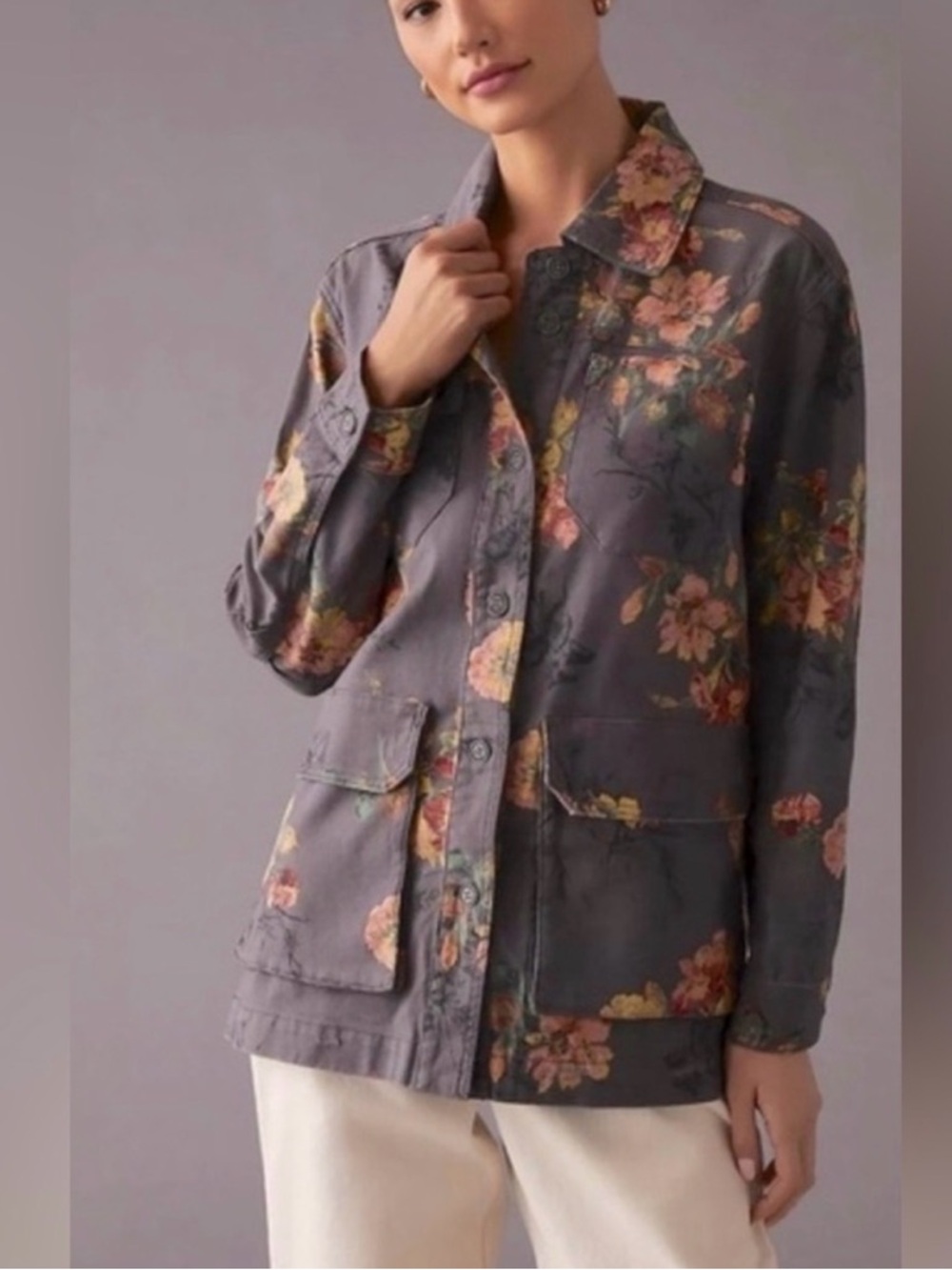 Pilcro Floral Utility Jacket in Slate Gray with Pink and Yellow Blooms